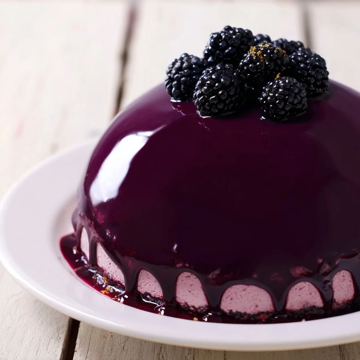 Glossy blackberry glazed mousse cakes topped with fresh berries and mint on serving plates