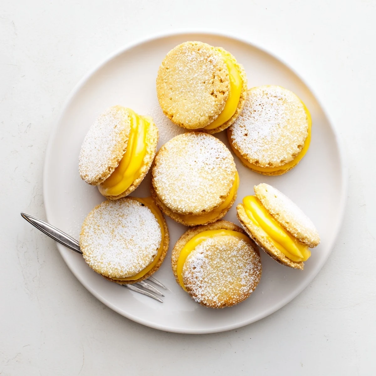 Golden lemon sandwich cookies filled with vibrant vegan lemon curd on a white plate