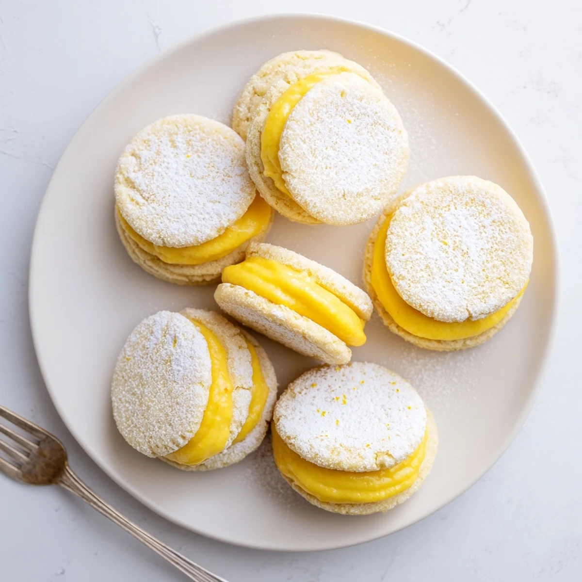 Two delicate lemon sandwich cookies showcasing bright yellow curd filling between crisp gluten-free rounds