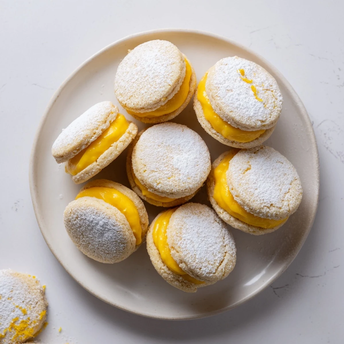 Stack of zesty lemon sandwich cookies dusted with powdered sugar and filled with tangy curd