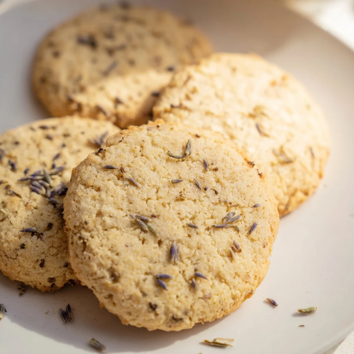Golden lemon lavender cookies cooling on wire rack with visible purple lavender buds