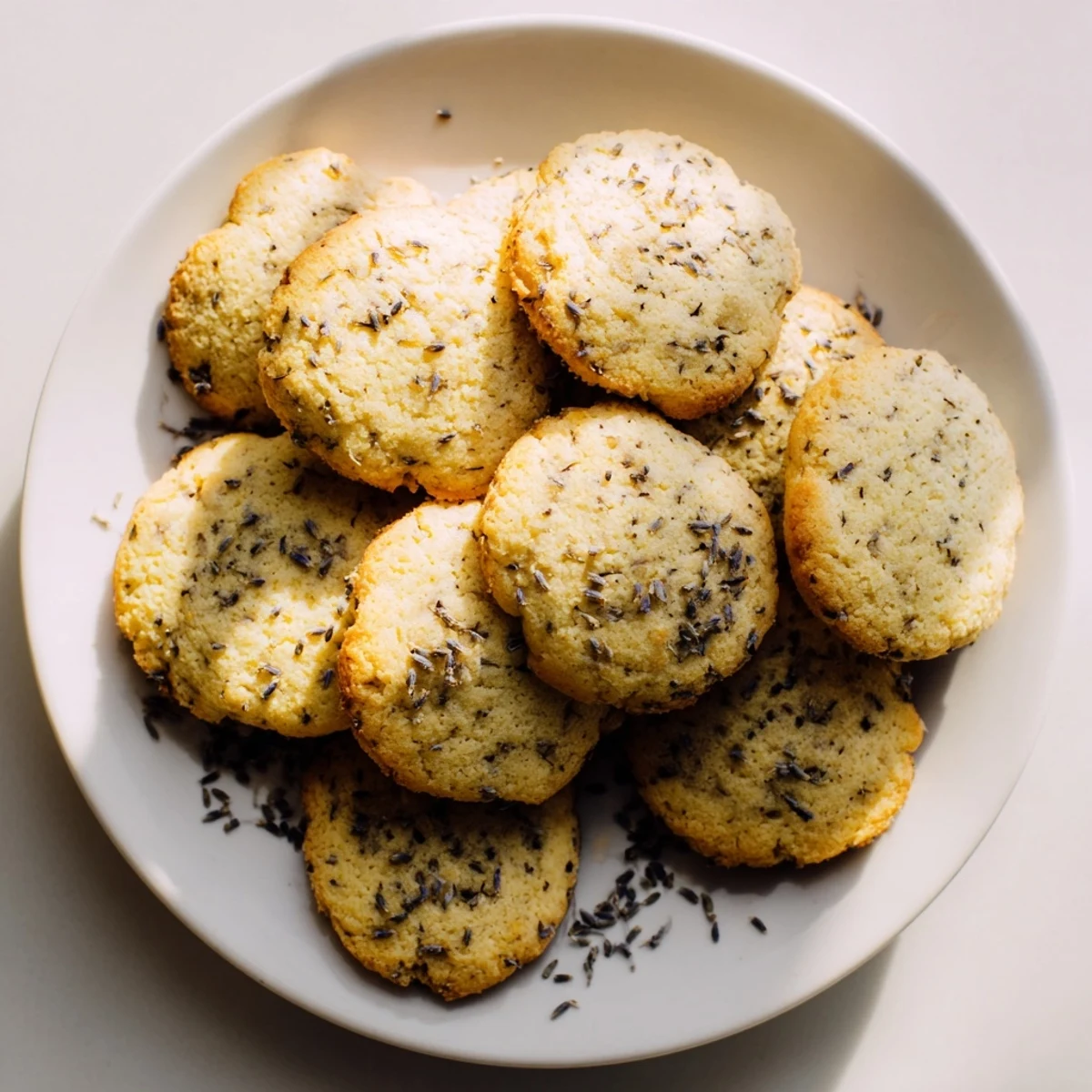 Buttery lemon lavender cookies arranged on rustic wooden board with fresh lemon slices