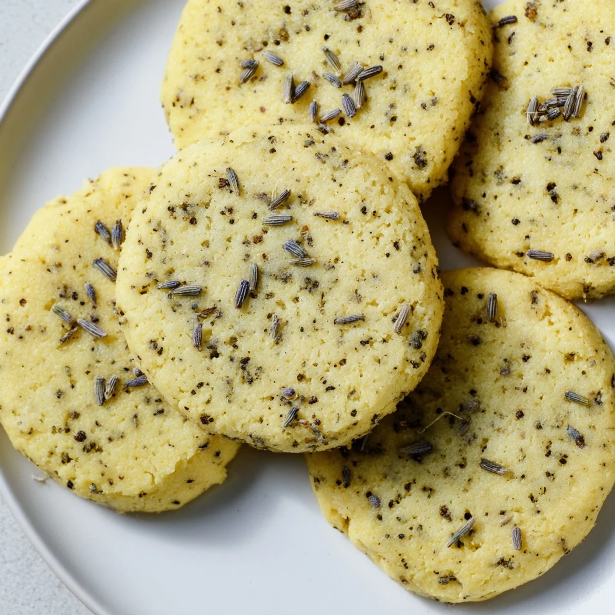 Soft-baked lemon lavender cookies with powdered sugar dusting beside cup of hot tea