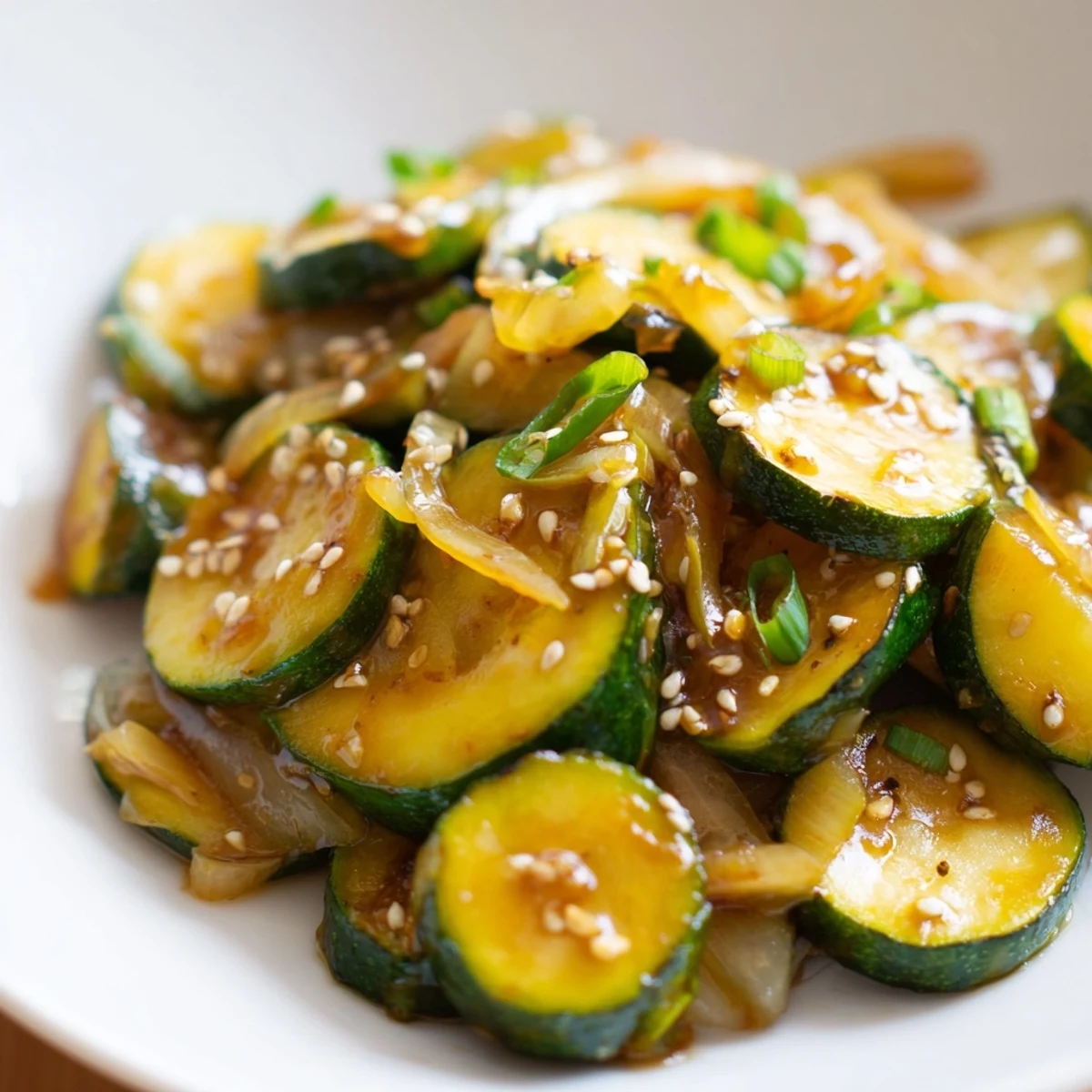Golden sliced zucchini and onions wok fried in aromatic Japanese seasonings with sesame seed garnish