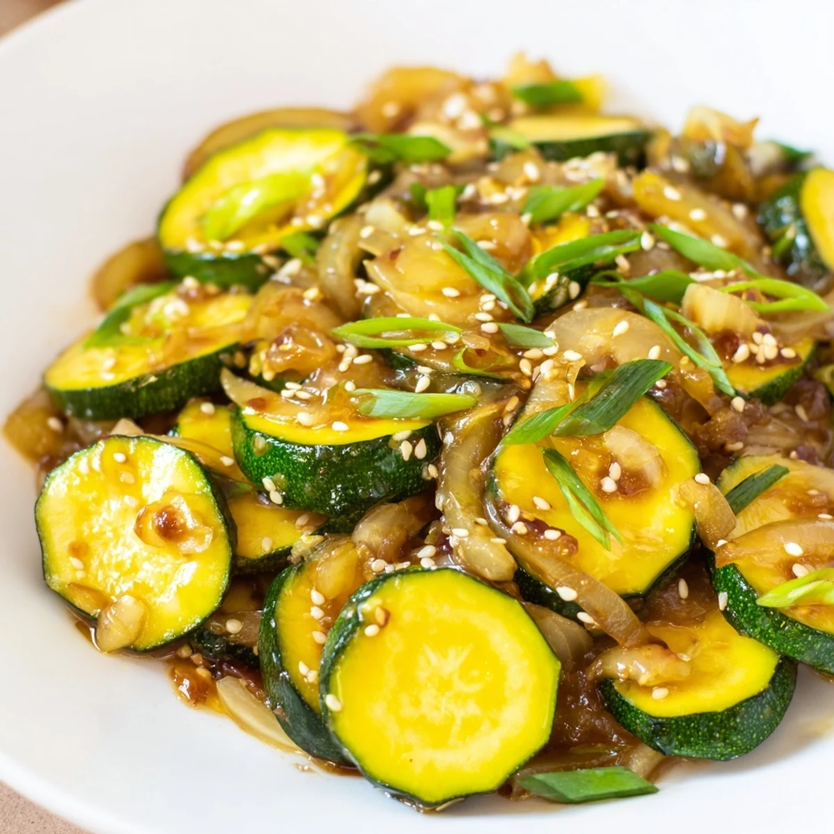Colorful vegetarian Japanese zucchini onion stir fry served over steaming white rice with fresh green onions