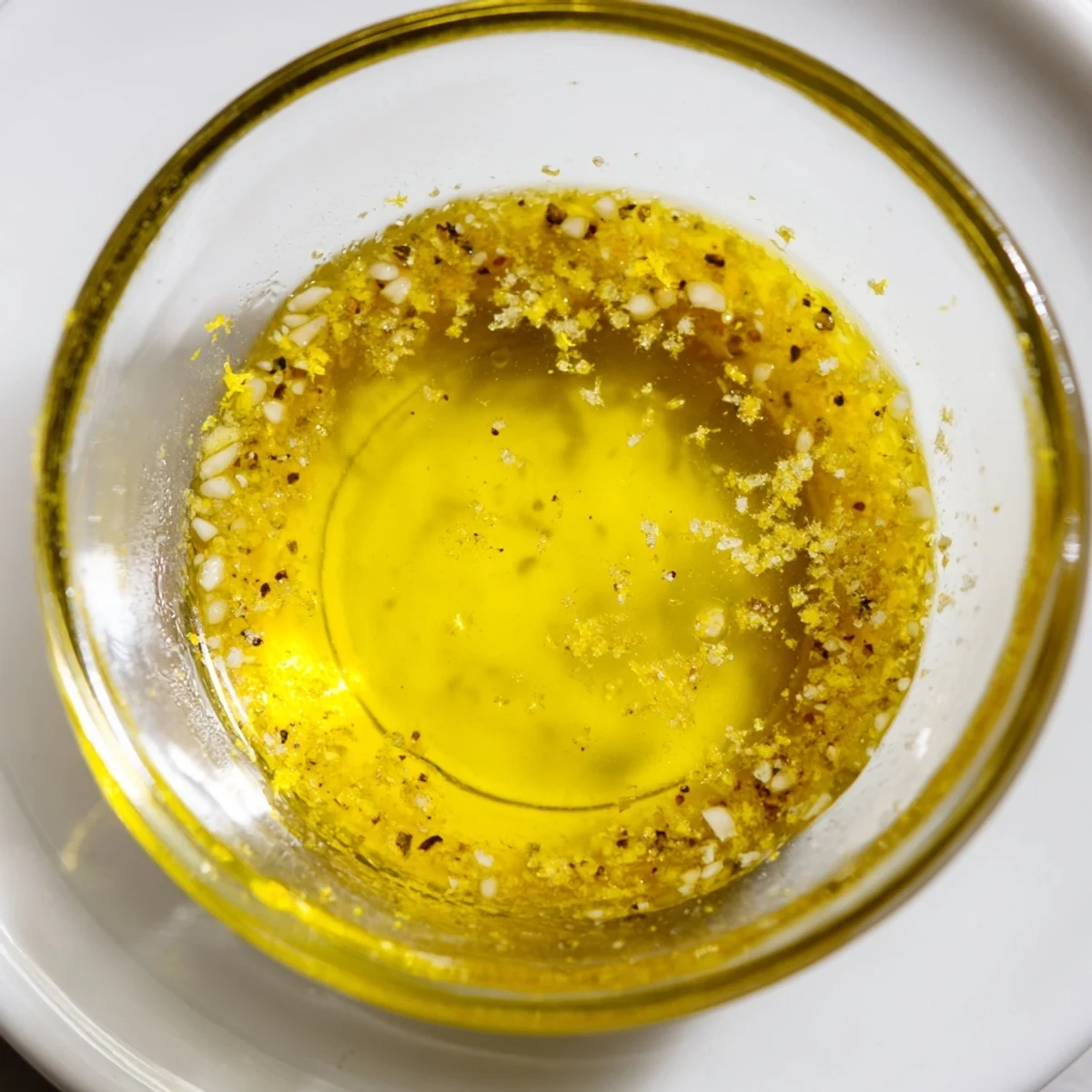 Golden bright lemon vinaigrette dressing drizzled over fresh mixed greens in white bowl