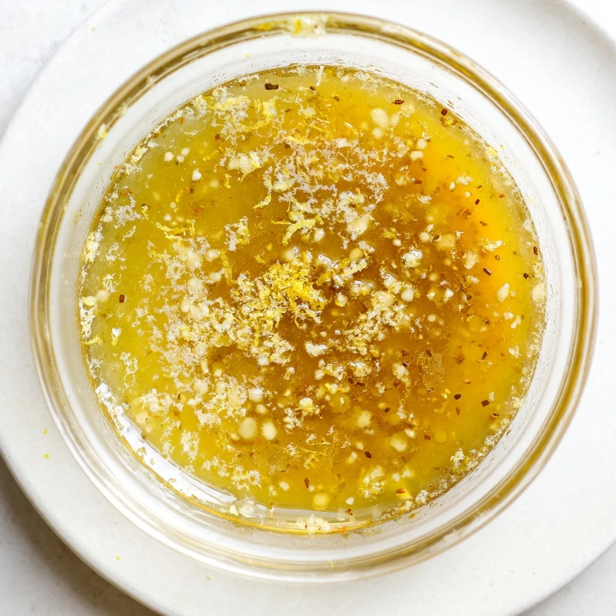 Creamy bright lemon vinaigrette dressing emulsified in glass jar with floating lemon zest