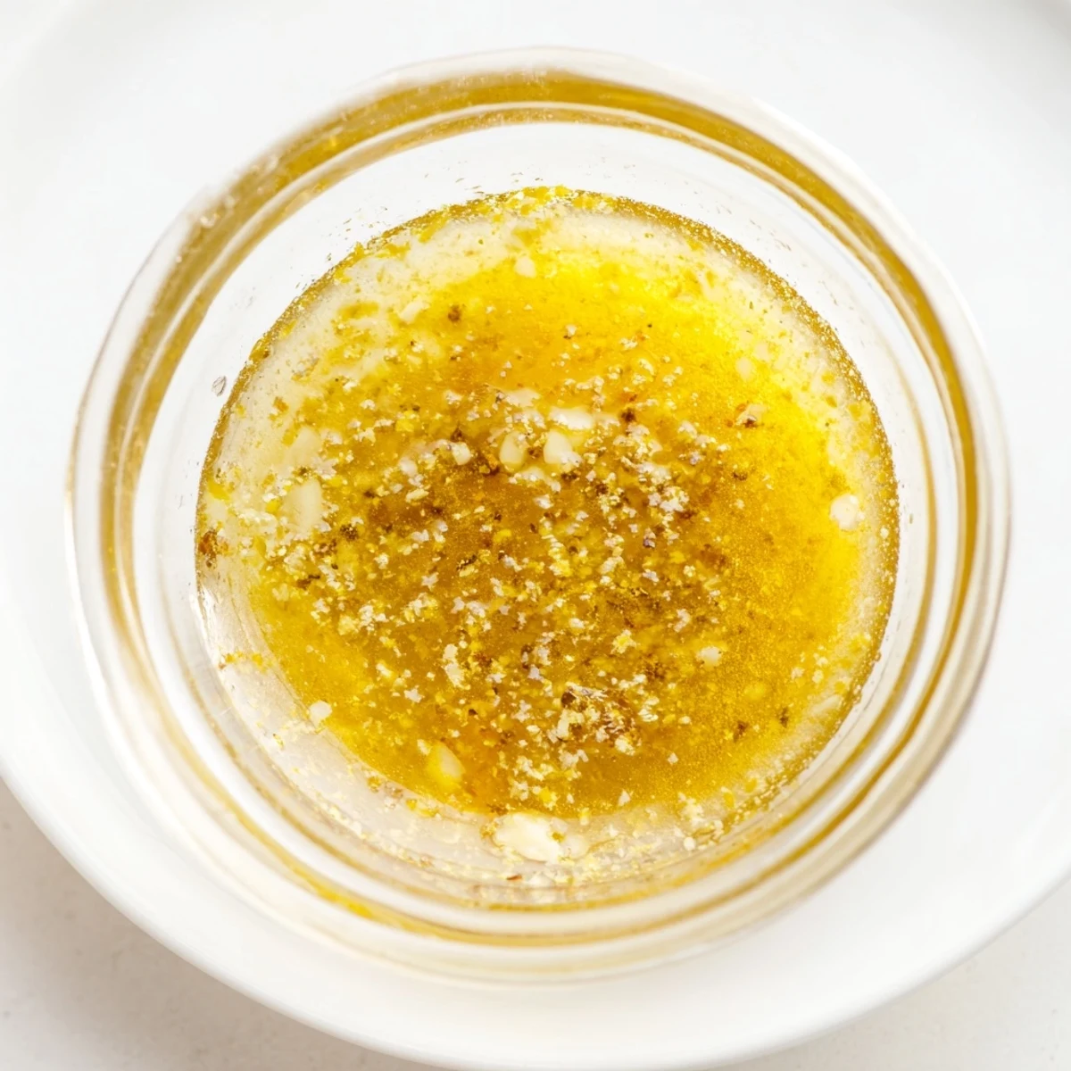 Zesty bright lemon vinaigrette dressing pooled beneath crisp salad vegetables on rustic wooden board