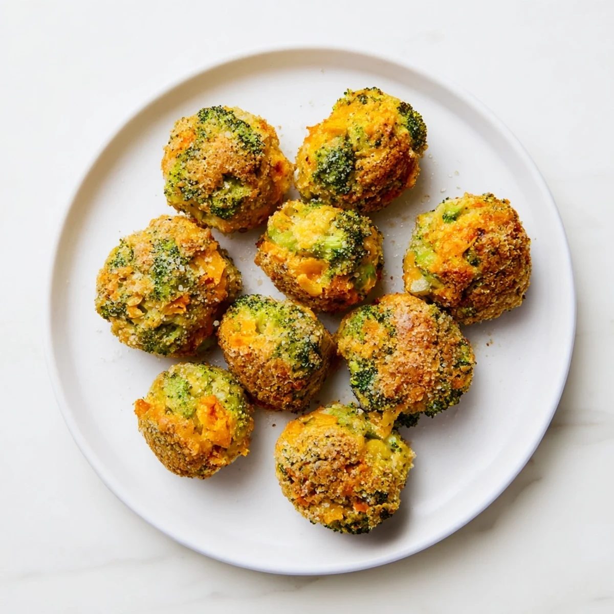 Crispy broccoli and cheese balls on a baking sheet with fresh herbs