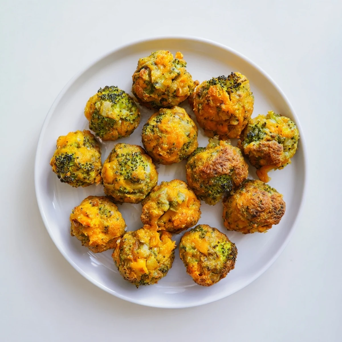 Golden baked broccoli and cheese balls arranged on a white serving platter