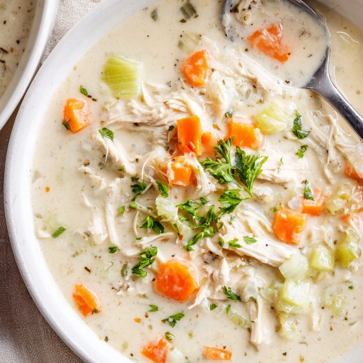 Cream of chicken soup in a white bowl topped with fresh green parsley garnish