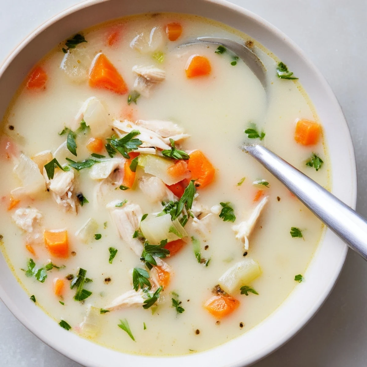 Creamy white soup loaded with shredded chicken and vegetables served in rustic ceramic bowl