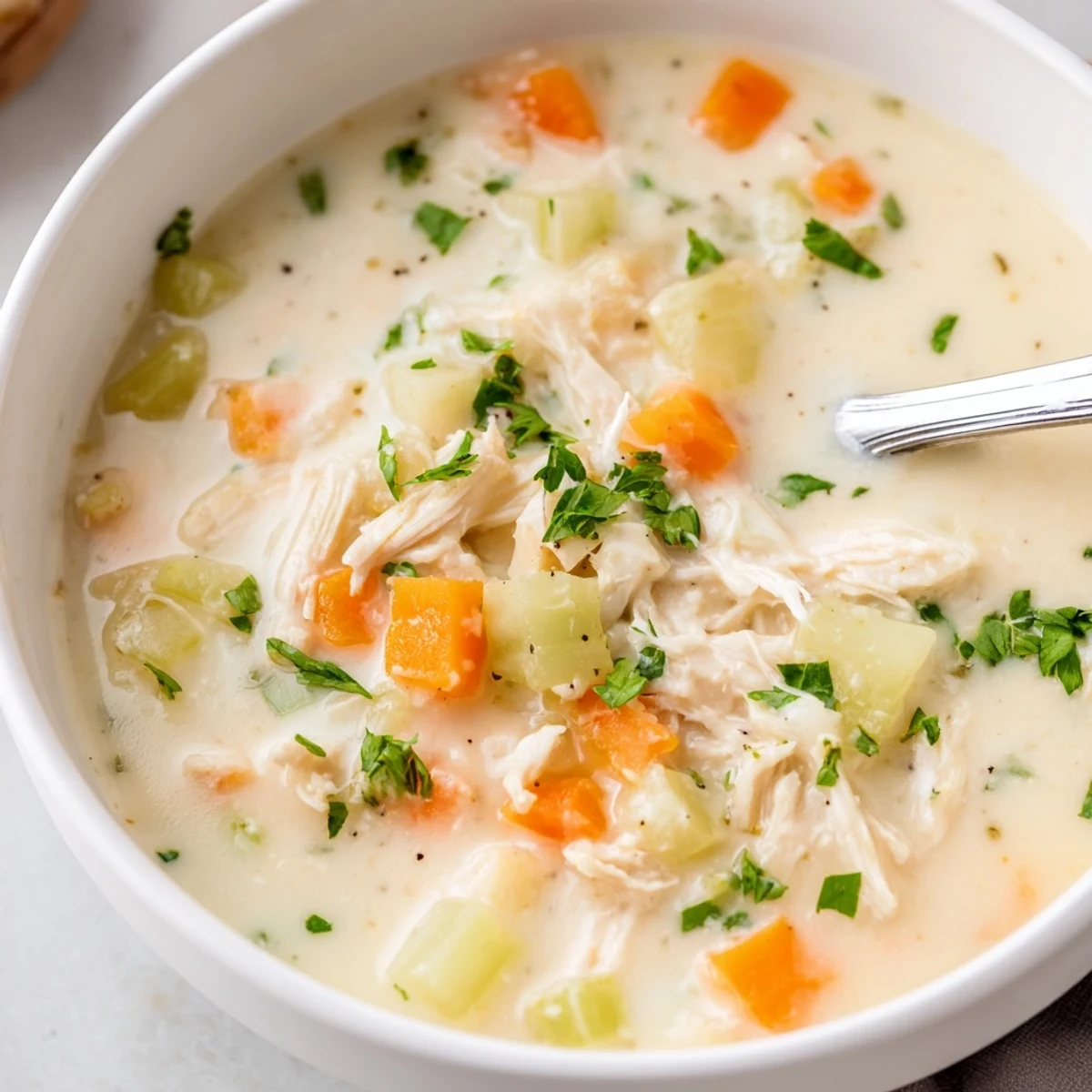 Steaming homemade cream of chicken soup with tender chicken pieces and colorful diced vegetables