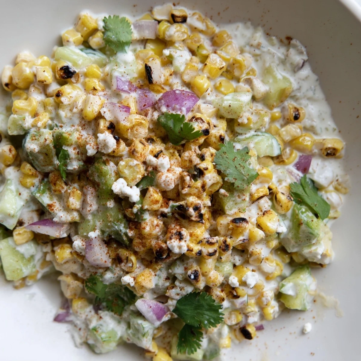 Fresh street corn creamy cucumber salad bowl topped with crumbled cotija cheese and lime wedges