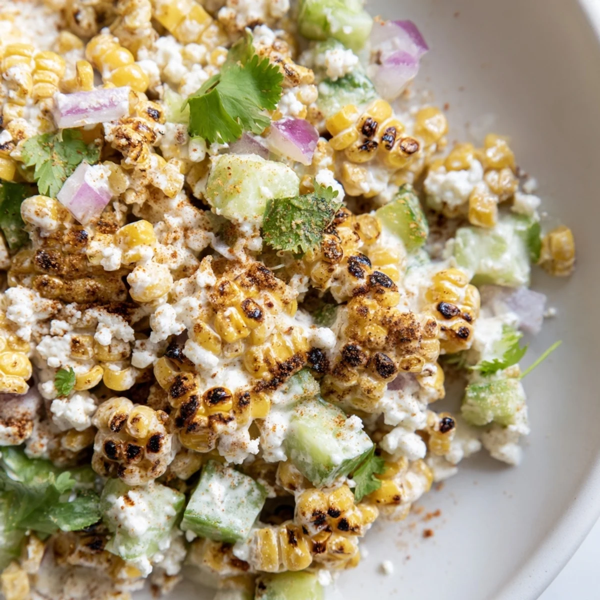 Colorful Mexican-inspired street corn creamy cucumber salad featuring charred corn kernels and tangy dressing