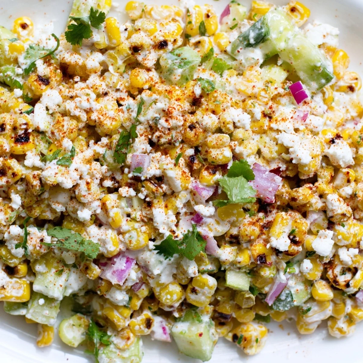Creamy cucumber salad with sweet street corn, crisp vegetables, and spicy chili powder garnish
