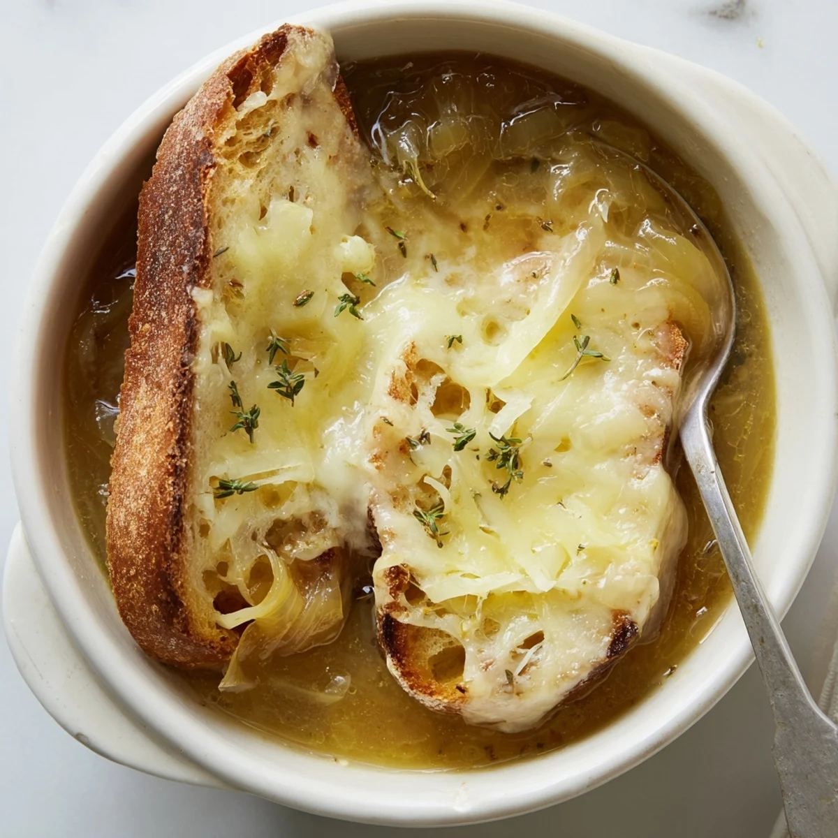 Golden brown French onion soup topped with melted Gruyère cheese and toasted baguette slices in an oven-safe bowl