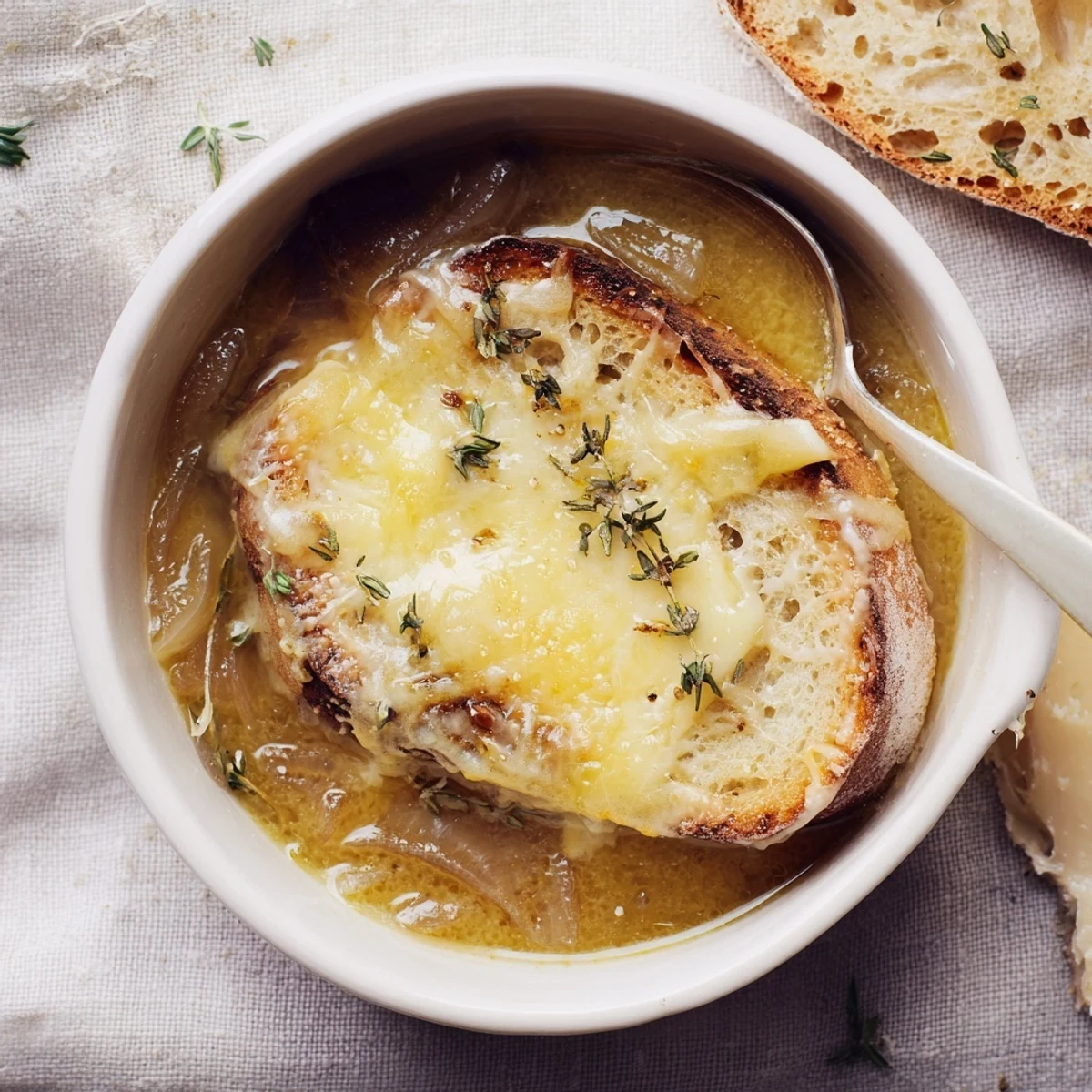 Deeply caramelized onions swimming in savory broth beneath a bubbling layer of melted cheese on crusty bread