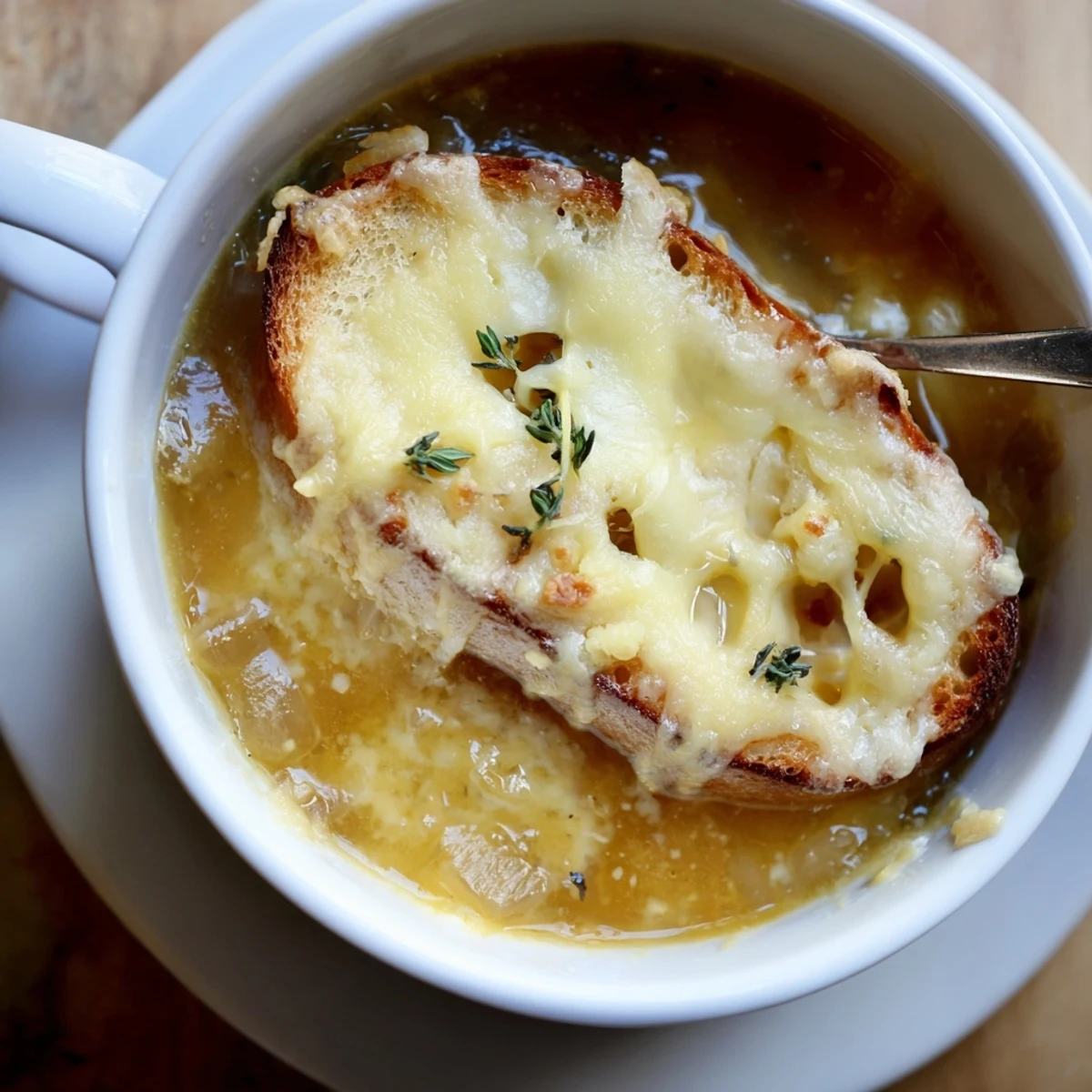 Traditional French onion soup featuring rich amber broth with toasted bread and golden brown cheese topping