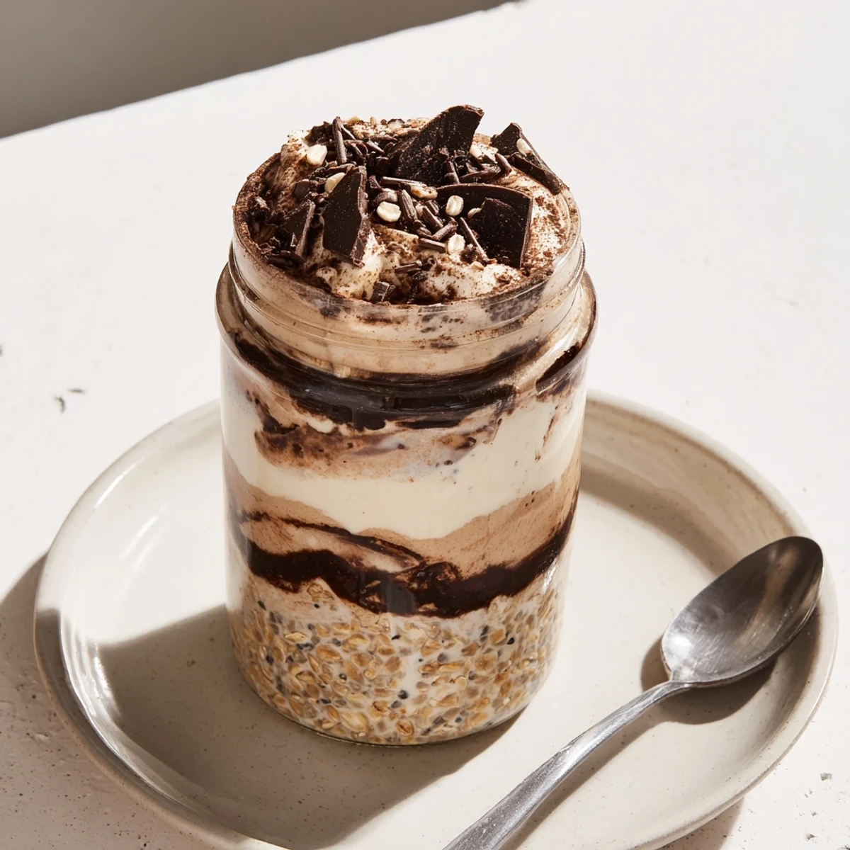 Creamy tiramisu overnight oats layered with espresso-infused mascarpone and dusted cocoa powder