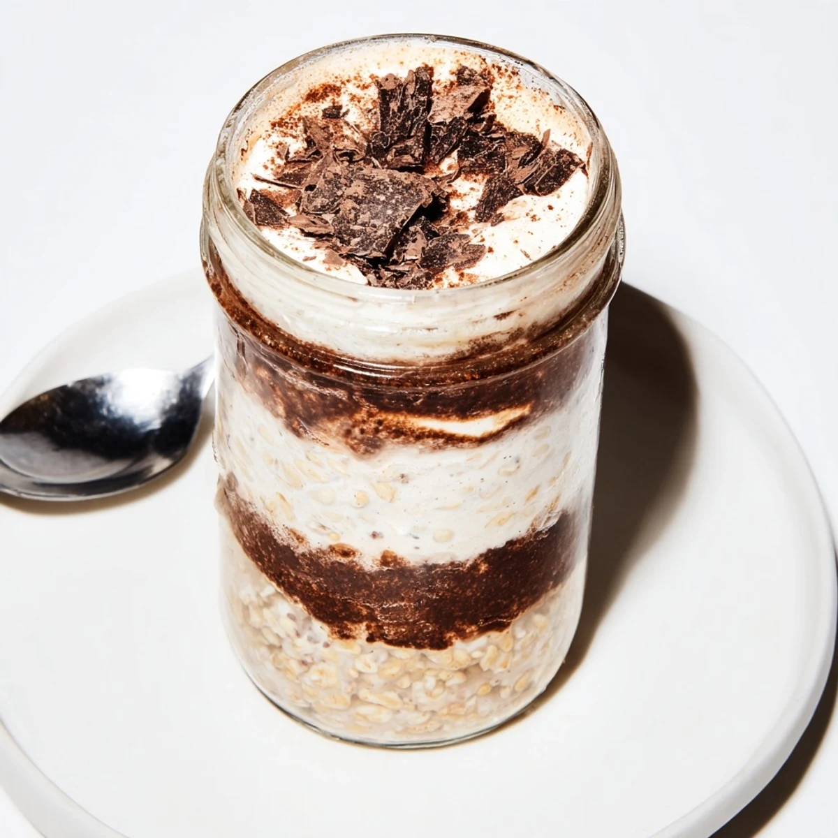 Glass jar displaying layered tiramisu overnight oats topped with dark chocolate shavings