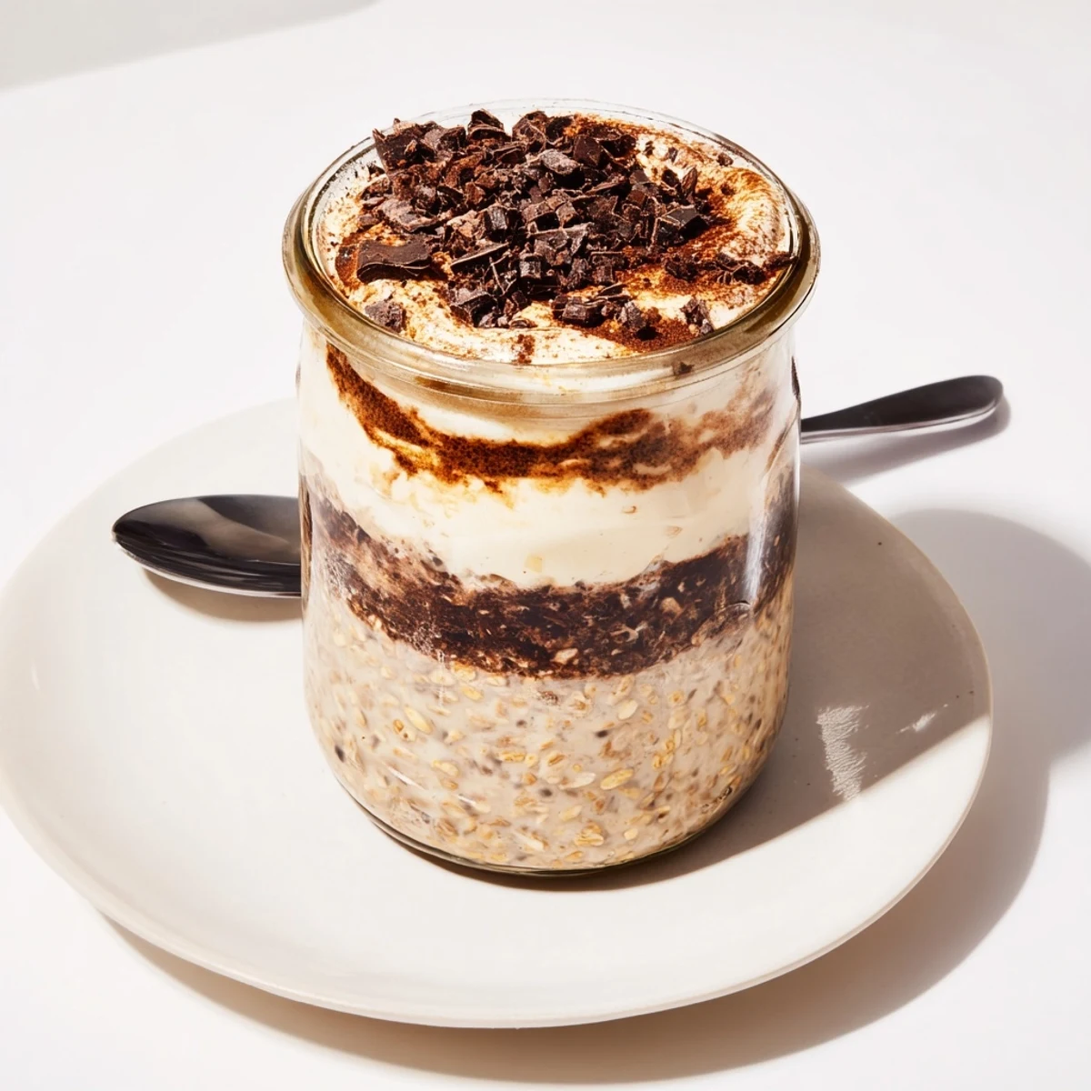 Breakfast bowl of tiramisu overnight oats featuring coffee-swirled yogurt and rich cocoa