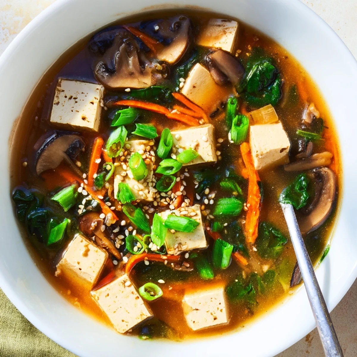 Steaming bowl of warm tofu soup with silky cubes, mushrooms, spinach, and green onions in savory broth