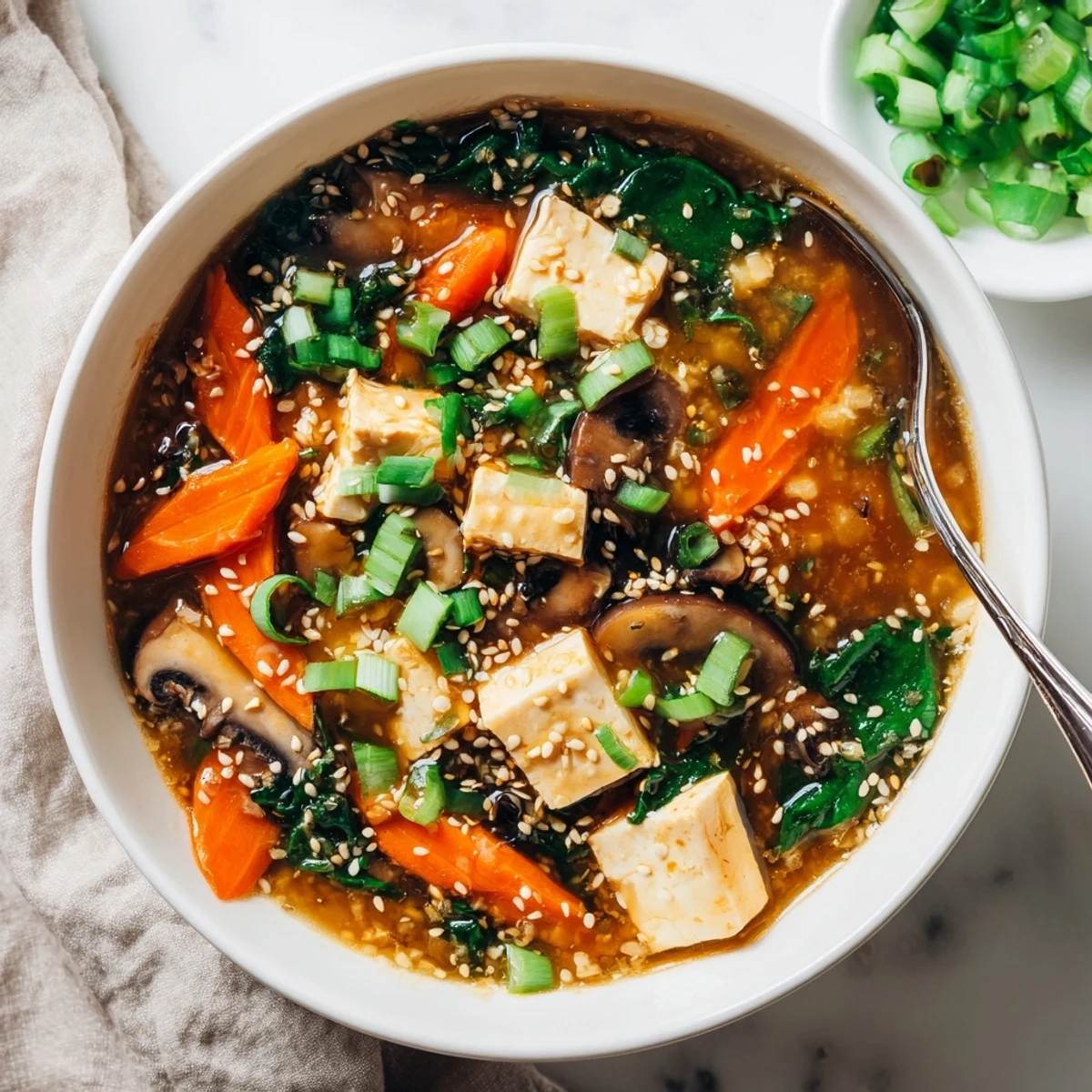 Golden vegetable broth filled with cubed tofu, sliced carrots, shiitake mushrooms, and fresh baby spinach leaves