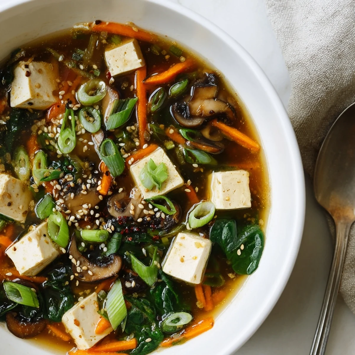 Comforting warm tofu soup featuring tender vegetables, garnished with cilantro and sesame seeds in a deep bowl