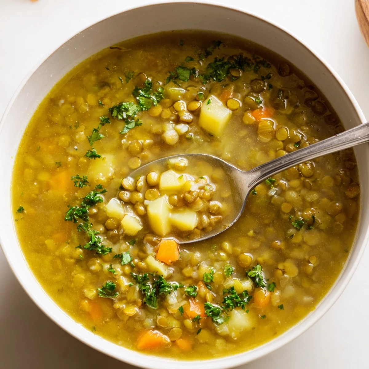 Steaming bowl of hearty split pea soup featuring vibrant green peas, diced carrots, and celery alongside crusty bread