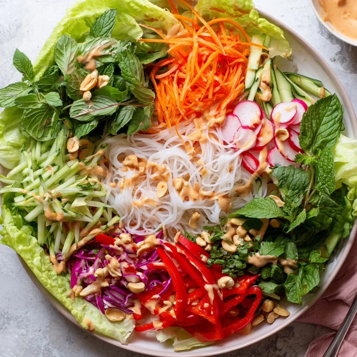 Colorful spring roll salad with peanut dressing featuring crisp julienned vegetables and rice noodles