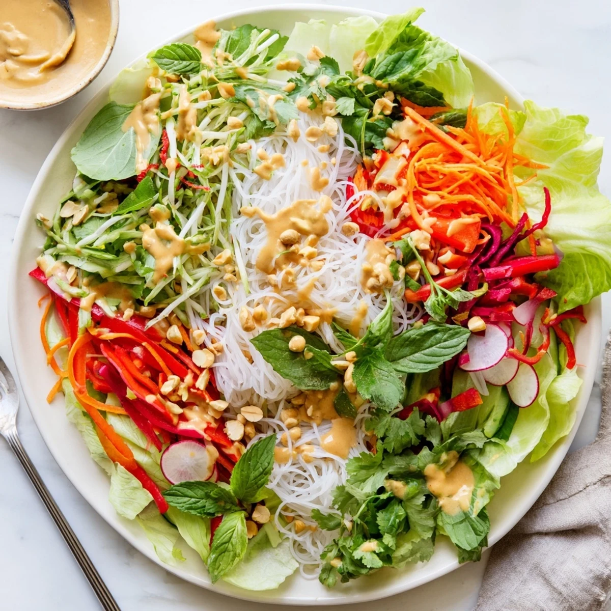 Fresh spring roll salad bowl drizzled with creamy peanut dressing and garnished with roasted peanuts