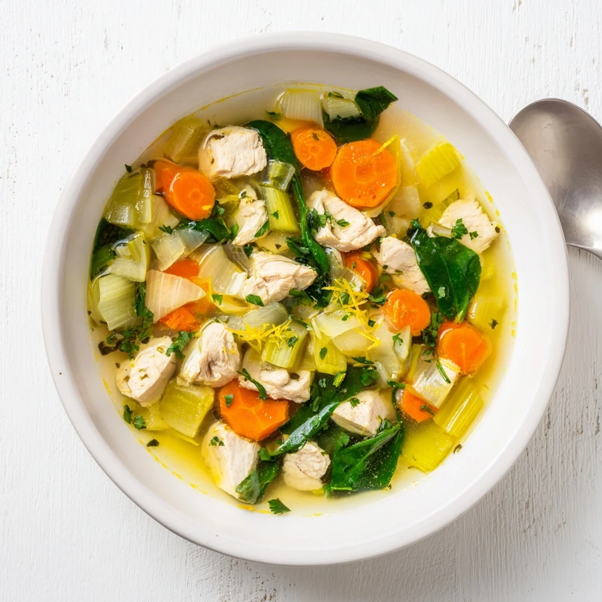 Golden chicken soup featuring zesty lemon, hearty carrots and celery, swimming in aromatic herb-infused broth