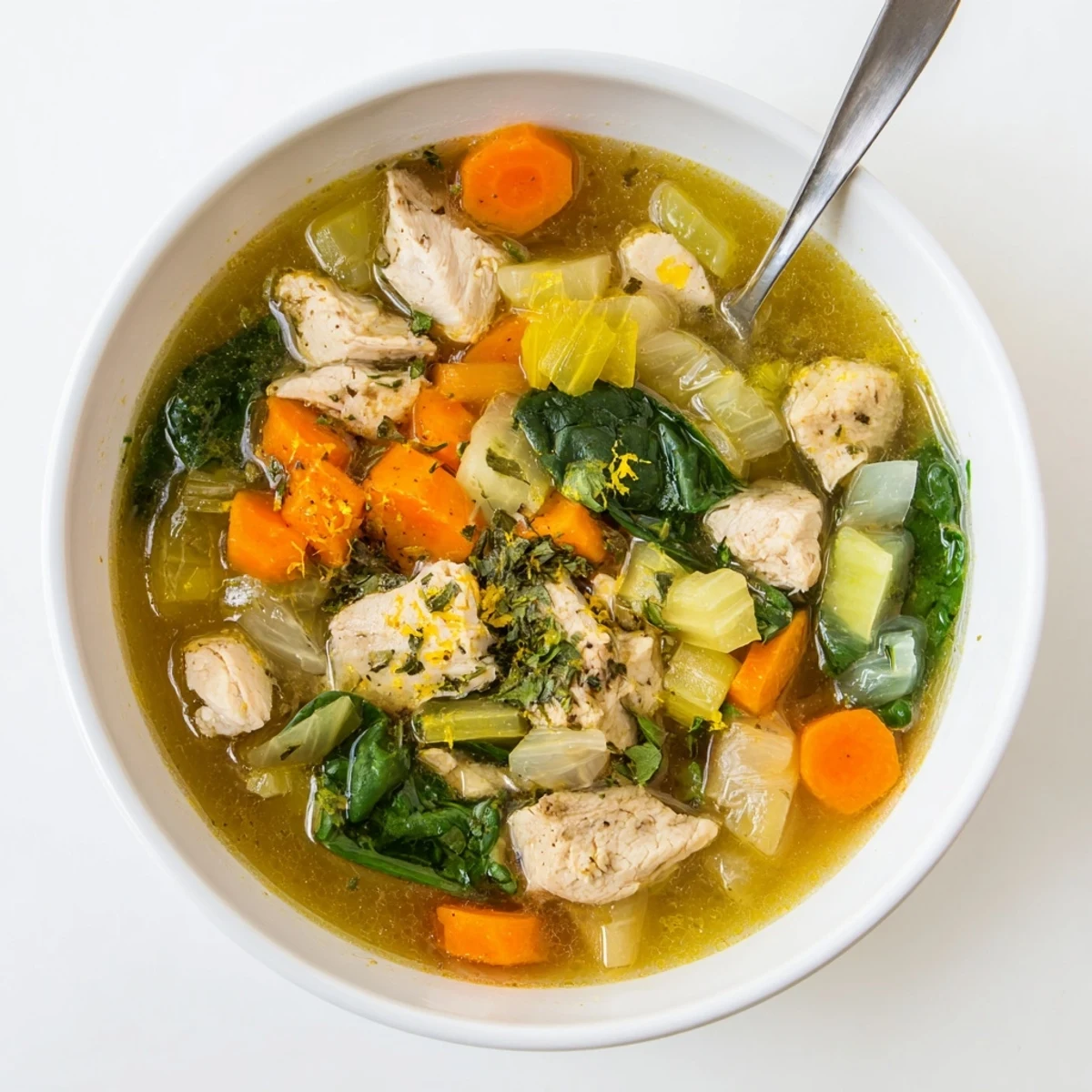 Steaming bowl of Mediterranean lemon herb chicken soup with tender chicken pieces, colorful vegetables, and fresh parsley garnish