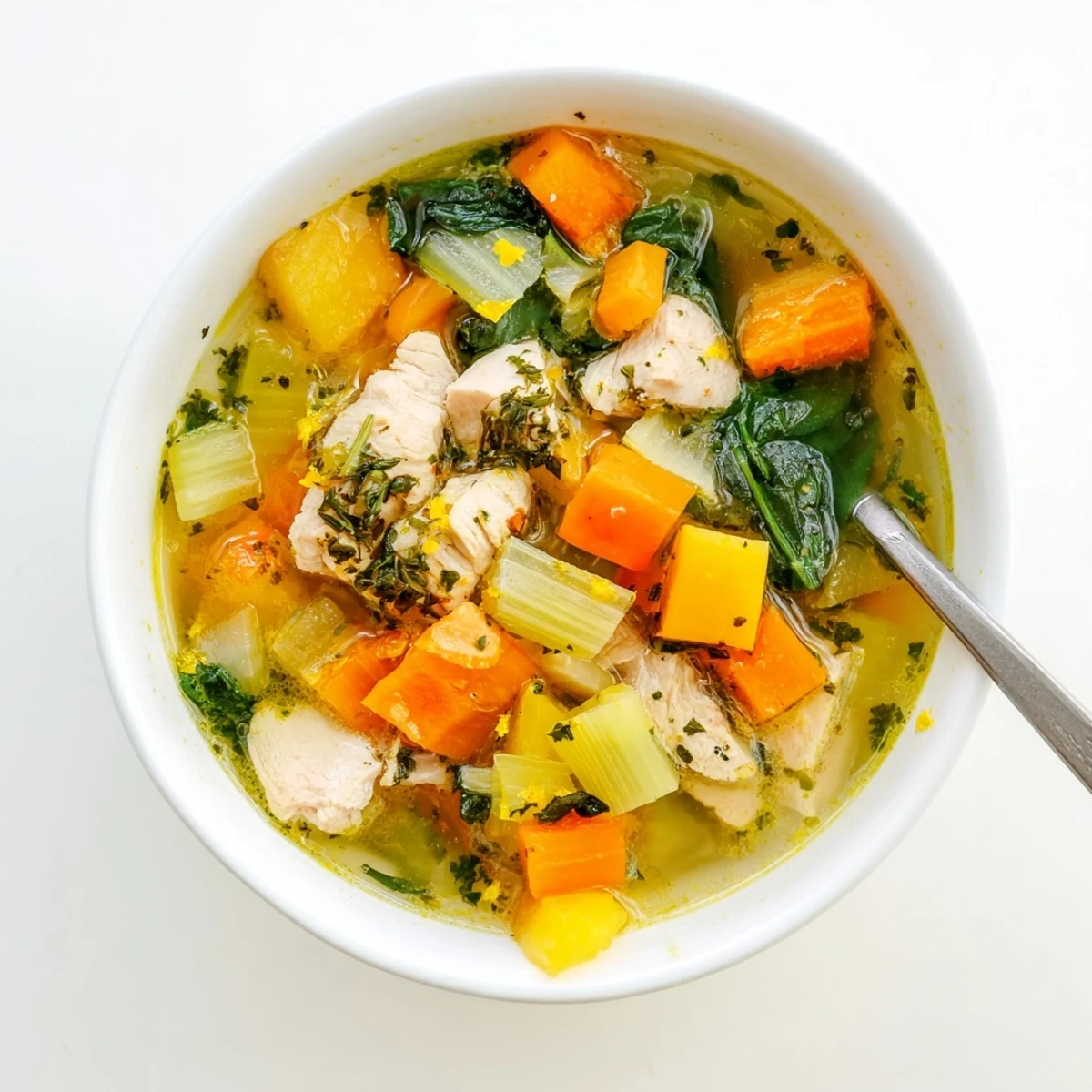 Rustic white bowl filled with vibrant chicken vegetable soup brightened with fresh lemon zest and green spinach