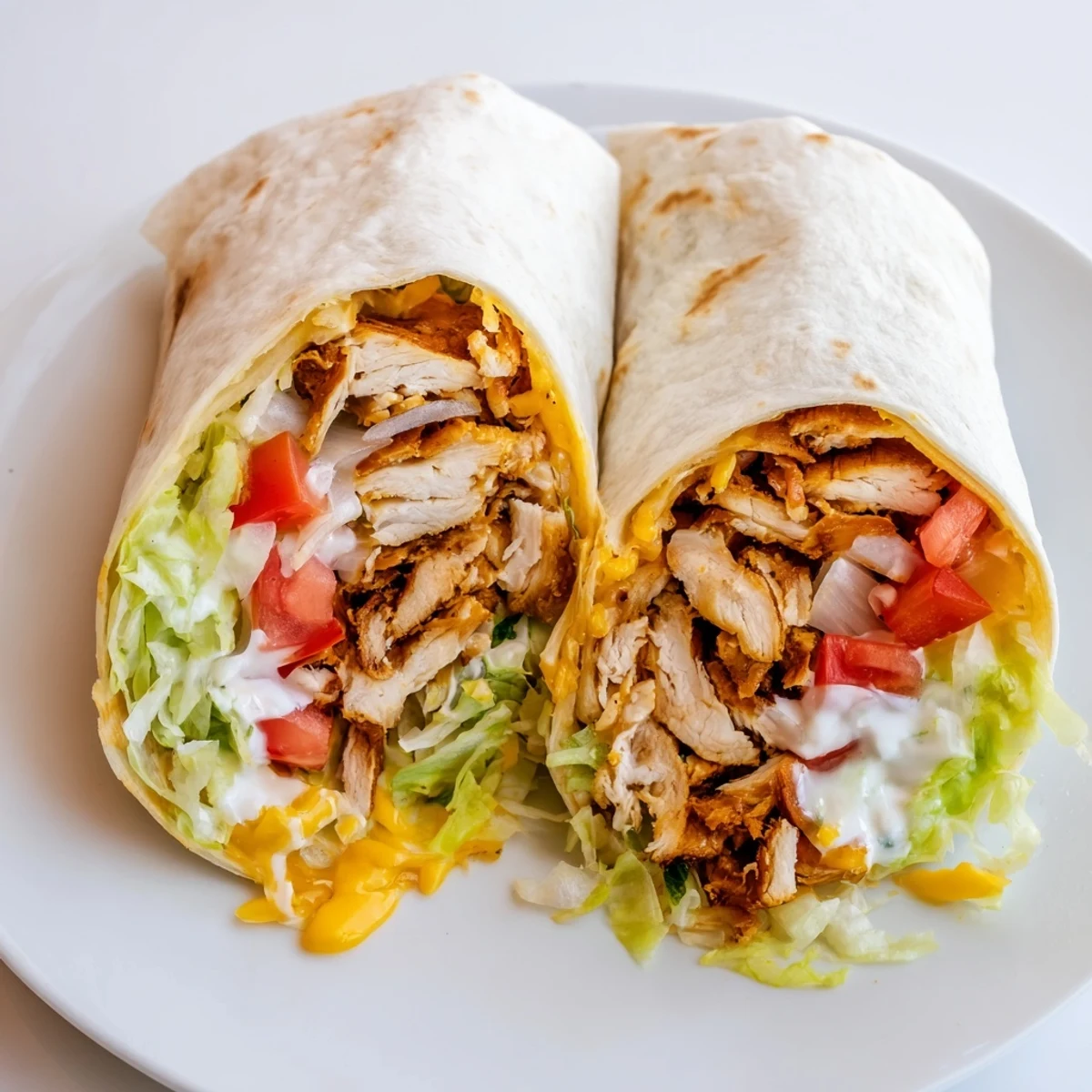 Golden cheesy garlic chicken wraps sliced in half showing melted cheese and colorful fresh vegetables inside soft flour tortillas