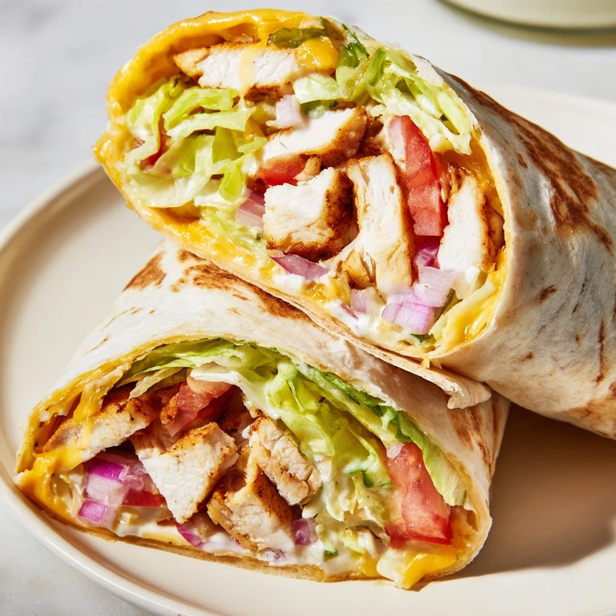 Whole wheat tortilla rolled around seasoned garlic chicken breast strips with melted mozzarella cheddar cheese crisp lettuce and diced tomato