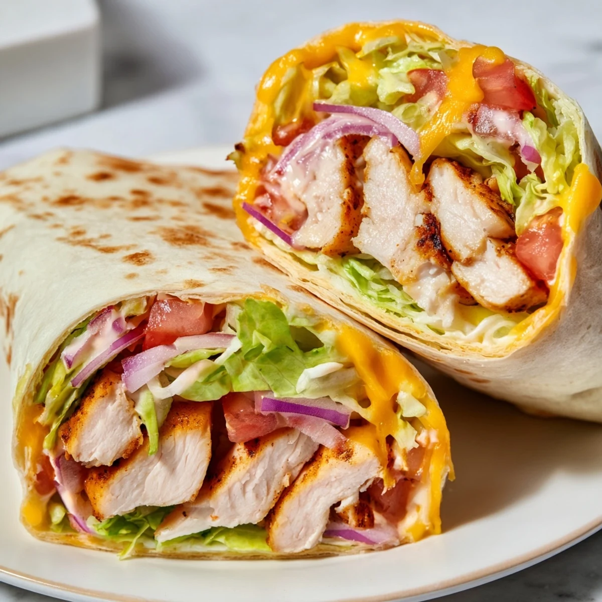 Hand-held lunch wrap stuffed with juicy herb seasoned chicken fresh vegetables melted shredded cheese and creamy tangy sauce on white plate