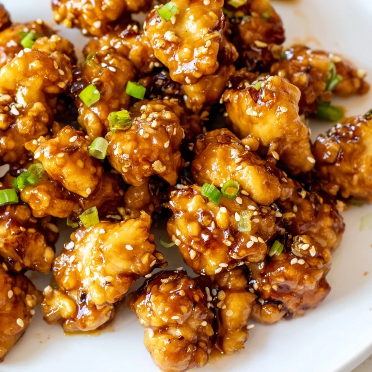 Golden brown chicken pieces coated in sticky honey garlic sauce with sesame seed garnish