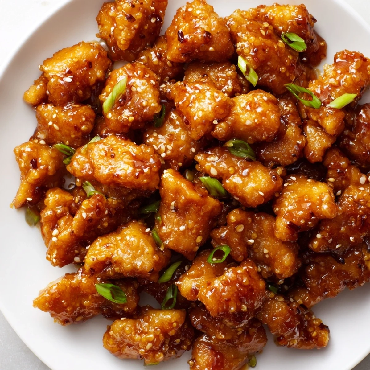 Glistening honey garlic chicken topped with fresh green onions and toasted sesame seeds