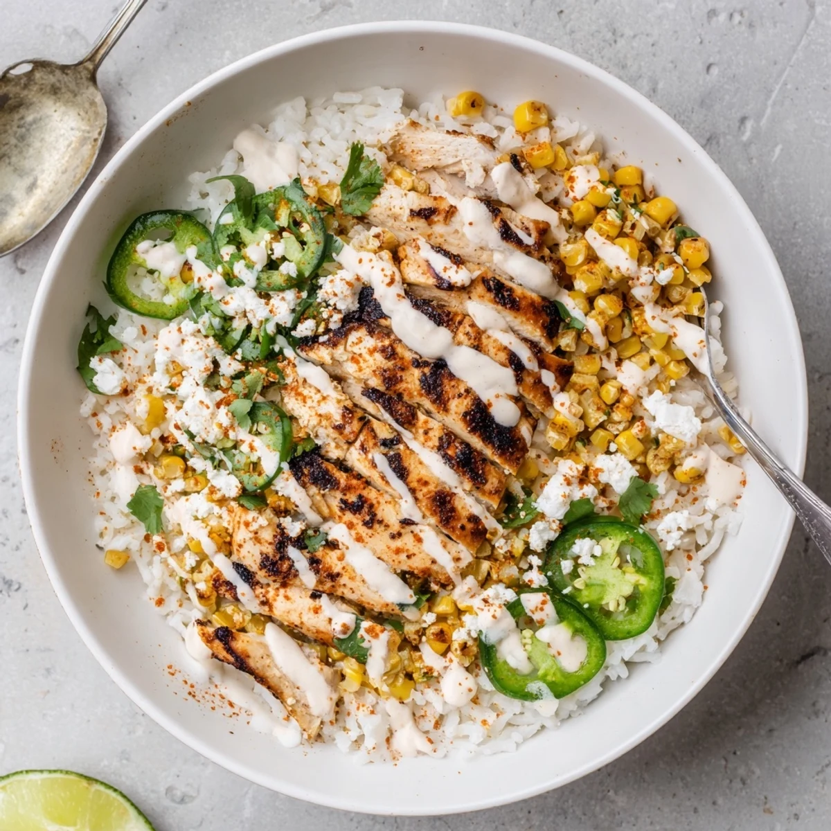Golden street corn chicken rice bowl topped with crumbled cotija cheese and fresh cilantro garnish
