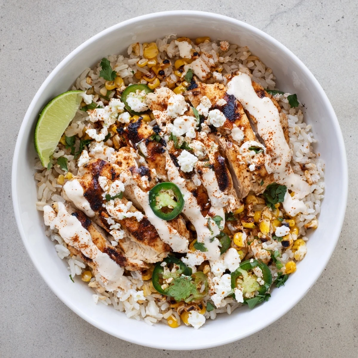 Mexican-inspired street corn chicken rice bowl drizzled with creamy sauce and sliced jalapeños