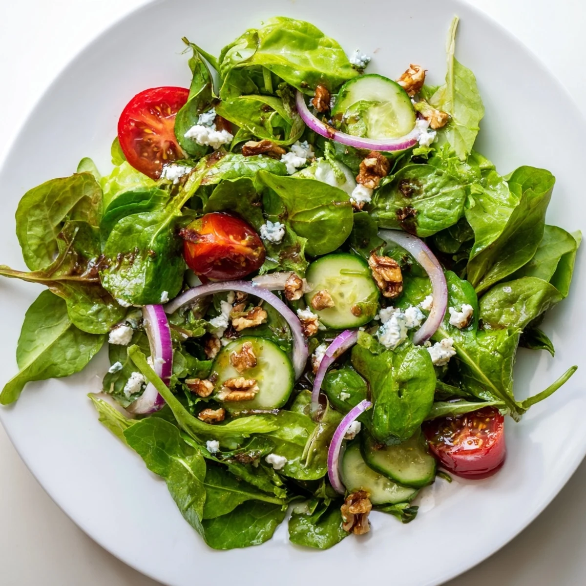 Fresh spring mix salad with colorful cherry tomatoes and sweet balsamic honey dressing drizzled over tender greens