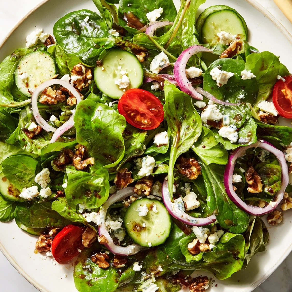 Vibrant bowl of spring greens topped with crisp vegetables and golden balsamic honey dressing for a refreshing meal