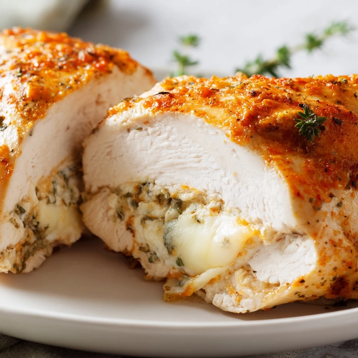 Juicy Ruths Chris stuffed chicken breast plated with roasted asparagus and fresh parsley garnish