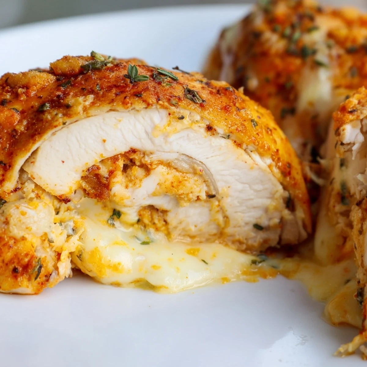 Restaurant-style Ruths Chris stuffed chicken breast sliced open revealing creamy herb cheese filling
