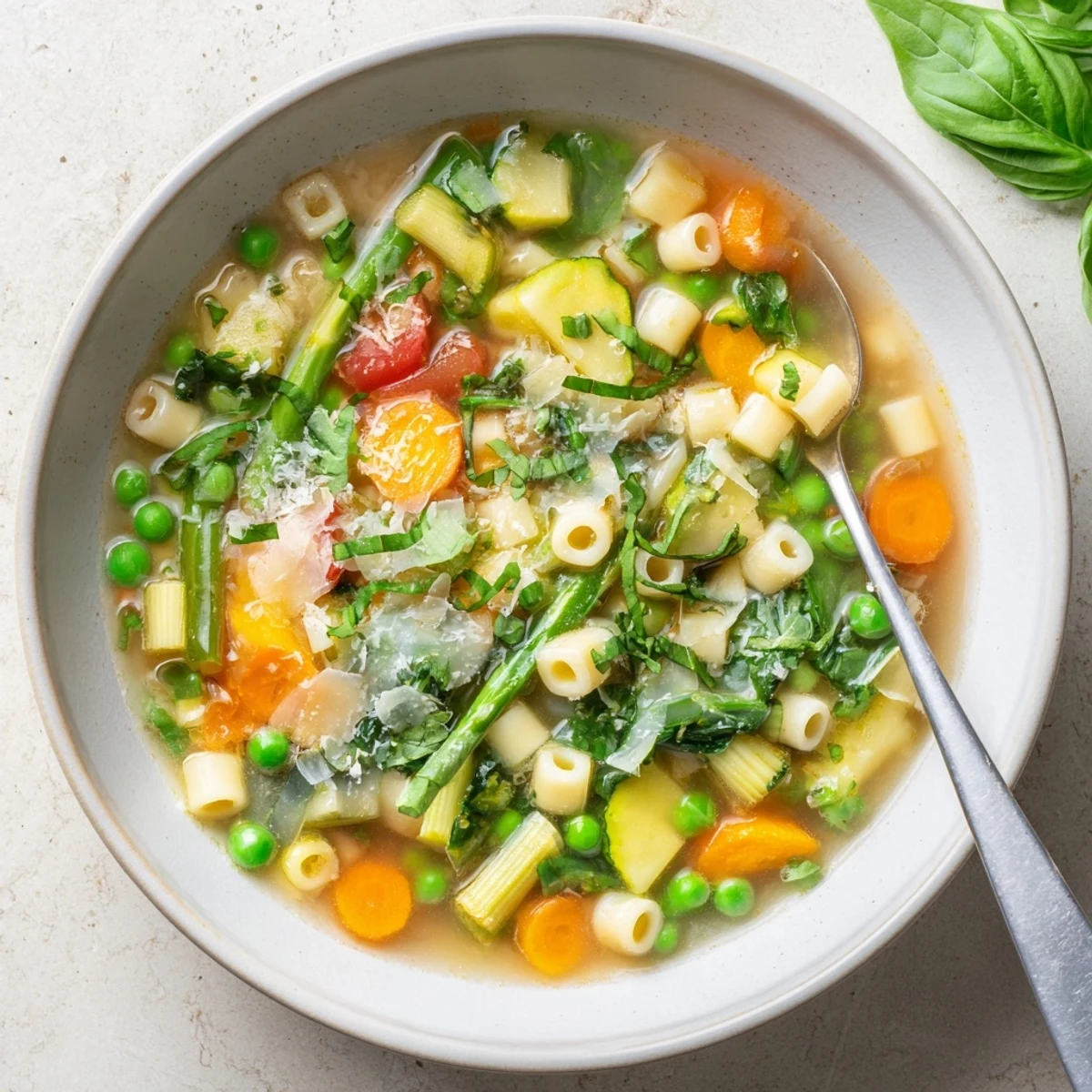 Colorful spring minestrone soup brimming with tender pasta, fresh asparagus, and vibrant green vegetables in a rich broth