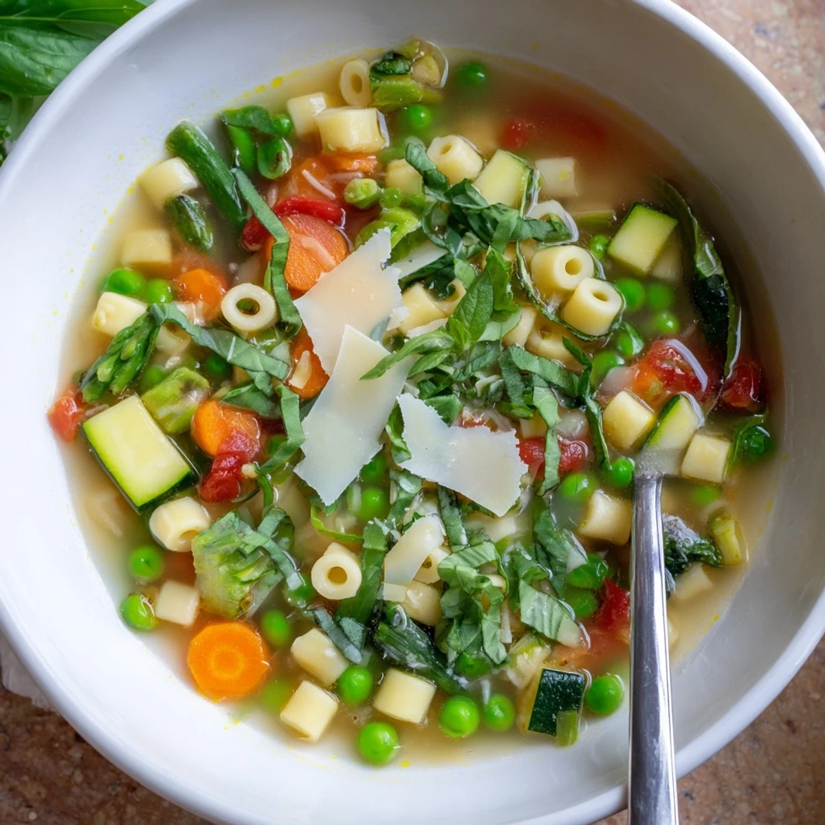 Bowl of vegetarian spring minestrone soup featuring zucchini, peas, and spinach garnished with fresh basil and Parmesan cheese