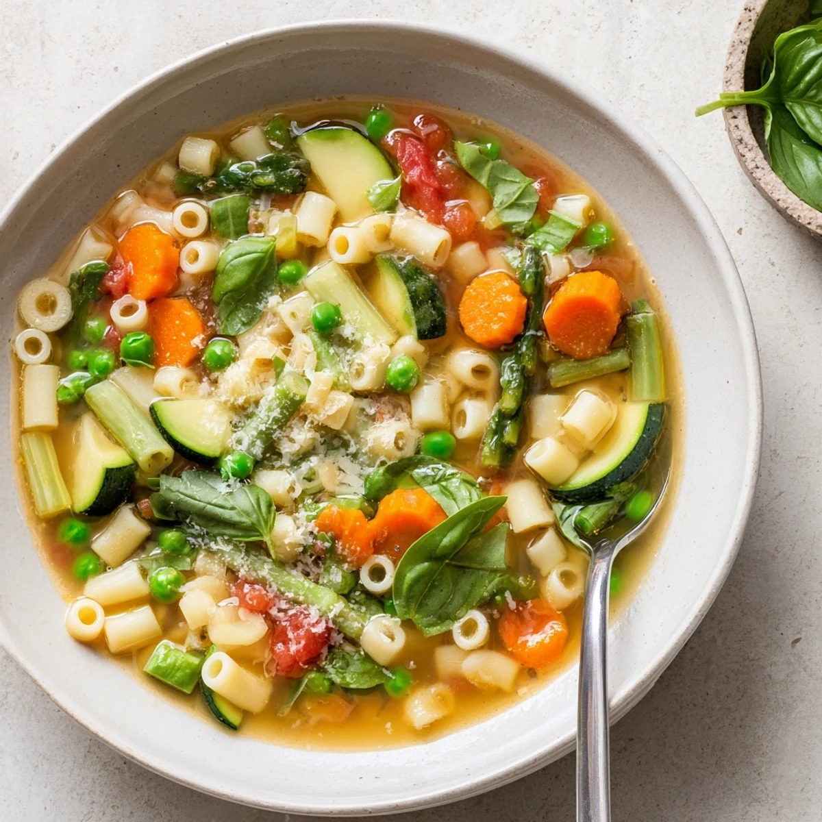 Homemade spring minestrone soup with al dente pasta, carrots, and tender asparagus pieces swimming in savory tomato broth