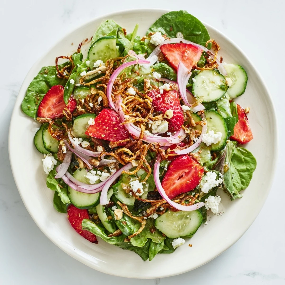 Fresh strawberry crunch salad topped with toasted nuts and crispy onions over mixed greens
